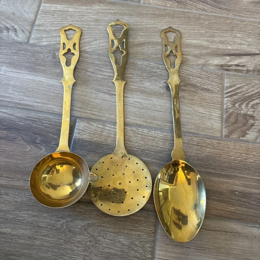 Antique Vintage Set of 3 Ornate Brass Serving Utensils‎